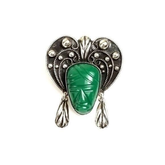 Vintage Taxco Sterling Silver Aztec or Mayan Warrior Tribal Mask Brooch - Picture 7 of 7